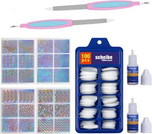 Scheibe 100 pcs White Nails, 2 Nail Glue, 2 Nail Filer and 4 Sheets Nail Stickers