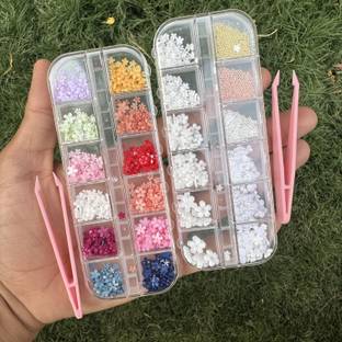 EKINSU 12 Grid White Flower and 12 Grid 3d Flower Premium Nail Art Accessories