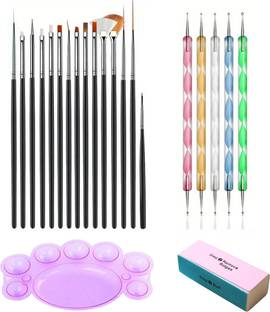 Royalkart Combo Of 15 Pcs Nail Art Brush Set & 5 Pcs Nail Art Dotting Tolls plus Nail Art Polishing Buffer+ Free Nail Paint Mixing Palette