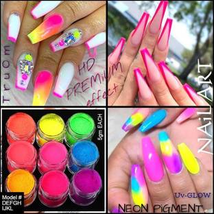 TRUOM HD Premium Effect Nail Art UV Glow Neon Pigment 5gms Each(Set of 9)