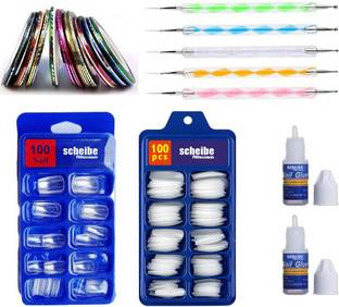 Scheibe 100 White Nails, 100 Transparent Nails, 2 Glue, 5 Dotting Pen and 4 Nail Tapes Multicolor