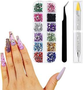 TREXEE 12 Color Nail Art Crystal Diamonds, Pick Up Tweezer & Rhinestone Picker Pen