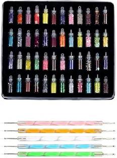 TREXEE 48 Bottles 3D Nail Art Glitter Set and 5 Pcs Double Sided Nail Dotting Tool Pen
