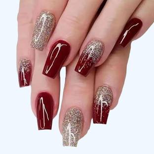 TREXEE 24 Artificial Reusable Nails in Half Red Half Golden Design With Glue
