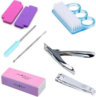 FOLELLO Nail Grooming Kit - Cutter with Tip, Cuticle Remover, Brush, Buffer Block - 7 PC