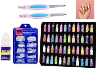 DR.HONEY Nail Filer and false Nails Set Of 100 Pcs Artificial Glitter Glue set
