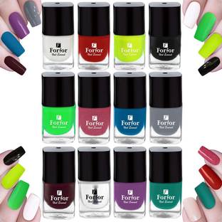 FORFOR Long Stay Trendy Glossy Finish Nail Polish |Safe & Fast Dry |Nail Art Combo of12 Green ,Pink ,Blue,Grey ,Maroon ,Transparent,Purple ,Green ,White ,Red,Neon,Black