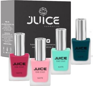 Juice ONE COAT NAIL PAINT COMBO LONG LASTING 11ML EACH PACK OF 4 CARDINAL RED - M08, LEMONADE - M09, MIAMI GREEN - M11, DARKCYAN GREE - M14