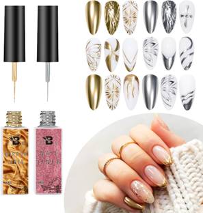 BOZLIN Metallic Liner Gel Nail Art 3D Mirror Gel Paint Build in Thin Brush Metal Paint (Gold, Silver)