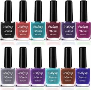 makeupmania Non Toxic Ultra 3D Shine Longest Lasting Nail Polish Set of 12 Pcs (#204) Black, Green, Purple, Grey, Blue