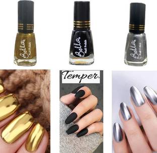 TEMPER Long lasting High Gloss Shine Nail Polish combo Golden, Black, Silver
