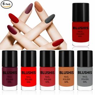 BLUSHIS Quick Dry Long Lasting Nail Polish Combo Offer Set of 6 Combo Red, Magenta, Sun Kissed, Dusty Coral, Camel, Grey