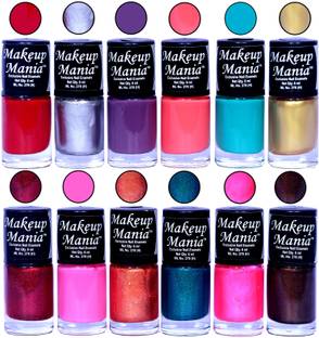 makeupmania HD Color Nail Polish Set of 12 Pcs (Combo MM-121) Red, Silver, Purple, Carrot Pink, Turqoise, Golden, Light Pink, Copper, Green Shimmer, Brown Sparkle