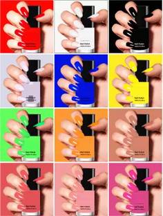 BLUSHIS Quick Dry Long Lasting Nail Polish Combo Offer Set of 12 Red, orange, plum, white, black, green, yellow, Lime, Nude, Pink, Peach, mauve