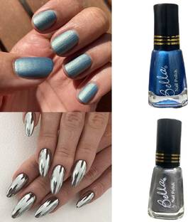TEMPER Bella Metallic shining Blue silver nail polish combo Blue, Silver
