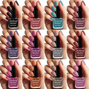 makeupmania High-Shine Long Lasting Non Toxic Professional Nail Polish Set of 12 Pcs (#201) Black, Grey, Pink, Brown, Nude