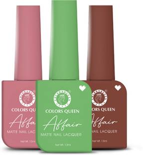 COLORS QUEEN Affair Matte Nail Polish Set of 3, Quick Drying, Long Lasting Nail Paint Kit Blushing Petal, Grashopper Green, Spicy Mix