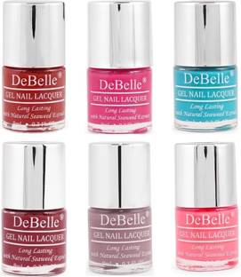 DeBelle Gel Nail Lacquer 8 ml each Combo of 6 (Red, Coral Orange,Turquoise blue ,Maroon,Mauve& Baby Pink) French Affair, Princess Belle,Royale Cocktail ,Moulin Rouge,Majestique Mauve, Bebe Kiss