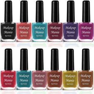 makeupmania No Chipping-No Fading Longest Lasting Ever Nail Polish Set of 12 Pcs (#202) Black, Green, Purple, Red, Yellow