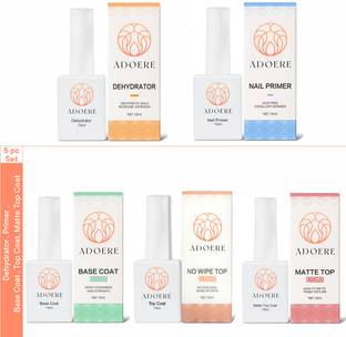 Adoere Combo Kit UV Top Coat Gloss & Matte, Base Coat, Primer,Dehydrator 15ml Each Pack Nail Art Design Manicure Gifts for Women, Transparent, 5 Pcs Combo