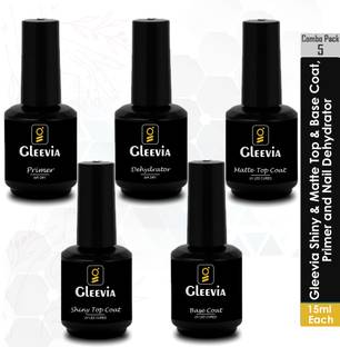 Gleevia Combo of UV Nail Primer, Top Coat Shiny & Matte, BaseCoat & Dehydrator 15ml/each Transparent