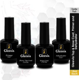 Gleevia Combo of UV Nail Primer, Shiny Top Coat, Rubber Base Coat & Dehydrator 15ml/each Transparent