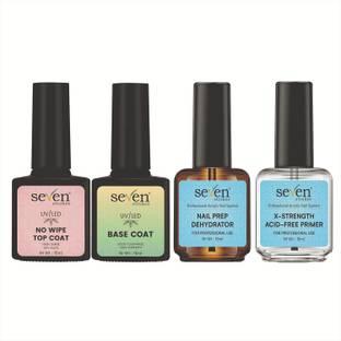 SEVEN STROKES Nail Dehydrator and Primer with Base Coat Top Coat 15ml 4 Pcs Clear