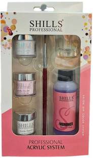Shills Professional Acryic System Monomer 60Ml,Acrylic Powder 3pc 8gm Each,Brush 10No.Depen dish Pink,Clear,White