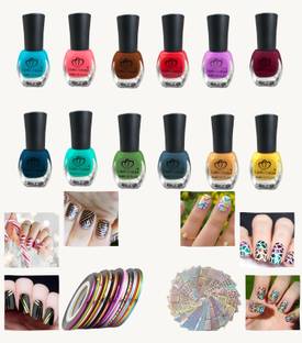 Looks United 12 Trendy Colors Nail Polish 10 Nail Striping Tape Rolls 3 Pack Nail Stencils