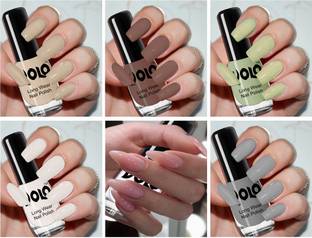Volo Color Rich Toxic Free Perfection Shine Nail Polish Set of 6 VT-069 Dark Nude, Nude, Mischievous Mint, Matte White, Extra Shine Top Coat, Grey