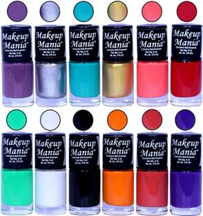 Makeup Mania HD Color Nail Polish Set of 12 Pcs (Combo MM-145) Purple, Silver, Turqoise, Golden, Bright Pink, Red, Sea Green, White Base, Black, Light Orange, Coral Red, Blue