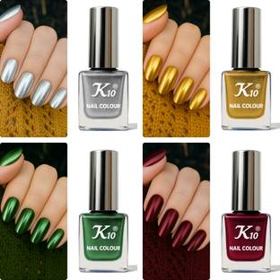 K10 Long Lasting, Premium quality Metallic Nail polish Combo set 12ML Each Silver, Gold, Green, Maroon