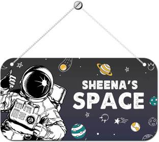 ARTBUG Wooden Astronaut Space Theme Sheena Name Door Sign, Wall Hanging for Kids Room Name Plate