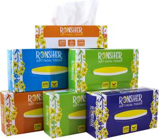 RONSHER 2 Ply Pack of 6 Tissue Box With 100 pulls each White Paper Napkins White Paper Napkins
