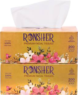 RONSHER 2 Ply Luxury Facial Tissue Paper | 200 Pulls Each | Pack of 2 White Paper Napkins