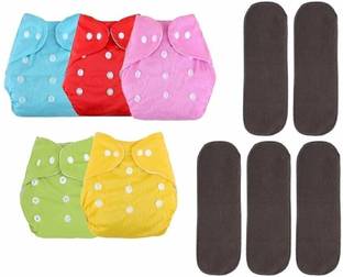 vsol Adjustable Quick Dry Washable Reusable Cloth Diaper Nappy With Premium Quality, Soft, Washable, Reusable, Wet Free Baby Bamboo Charcoal Inserts for Toddlers/Babies/New Borns (0-36 Months) - (5 + 5 Combo - 10 Pieces)