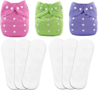 Aldeco [Pack of 3 Pocket Cloth Diaper with 6 White Insert Pad] / Washable Baby Cloth Diaper / Reusable Nappy for Kids of age (0-24 months) (Multicolor)