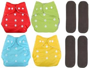 vsol Adjustable Quick Dry Washable Reusable Cloth Diaper Nappy With Premium Quality, Soft, Washable, Reusable, Wet Free Baby Bamboo Charcoal Inserts for Toddlers/Babies/New Borns (0-36 Months) - (4 + 4 Combo - 8 Pieces)
