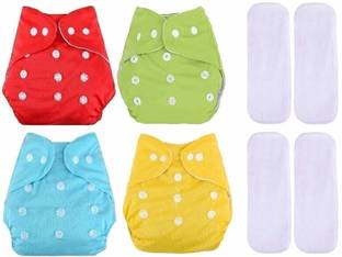 vsol Adjustable Quick Dry Washable Reusable Cloth Diaper Nappy With White 5 Layer Microfiber Bamboo Changing Insert Pads For Toddlers/Babies/New Borns (0-36 Months) - (4 + 4 Combo - 8 Pieces)