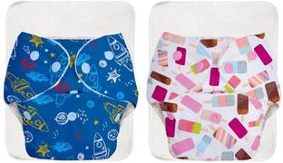 Superbottoms BASIC Cloth diapers- PACK OF 2- 2 Certified Soft Fleece Lined Pocket Diapers with 2 inserts with snaps (Redflowers and Blue star)