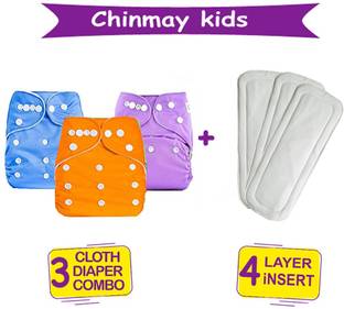 Chinmay Kids Combo of Quirk Reusable Baby Washable Cloth Diaper Nappy with Multi Layered Micro- Fibre Baby Insert Pads(Set of 3) (Multi- Colour)