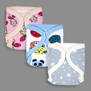 Born Babies Baby Boy & Baby Girl Cotton Printed Quick Reusable Cloth Velcro Daiper-Pack Of 3