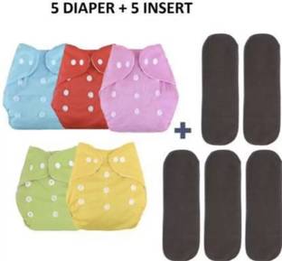 SKutirNappy 5 Piece Button Reusable Cloth Diapers with 5 inserts (black) - (5 Multicolour)