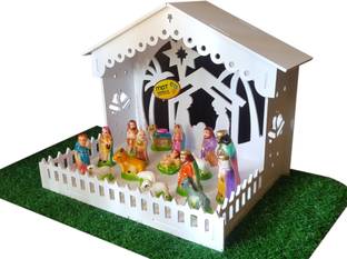 MDT India Holy Crib for Christmas Decoration for Home Combo Foldable 1 FT Height Xmas Stable + Nativity Set Pulkoodu Kudil Separate Pieces 9.5 cm Pack of 2