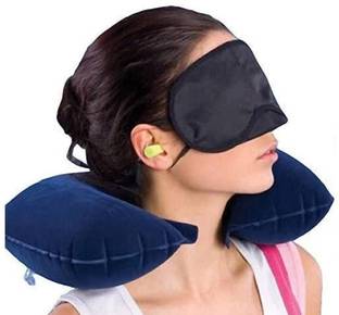 Mystte 3 in 1 Nylon Neck Air Cushion Pillow with Eye Mask and 2 Ear Plugs Neck Pillow & Eye Shade