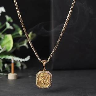 DIVINE HINDU Gold-Plated OM Square Pendant Necklace | Interlock Design | Spiritual Jewelry Gold-plated Plated Brass Necklace