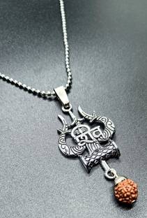 Dynamic Retail Global Shiva Mahadev Mahakal Locket Pendant Necklace Chain Trishul Rudraksha qz27 Stainless Steel Chain Set