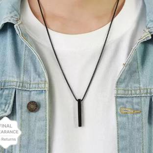 zayraa Zayraa Men's Jewellery 3D Cuboid Vertical Bar Necklace for Boys and Men Titanium Plated Stainless Steel Chain Set