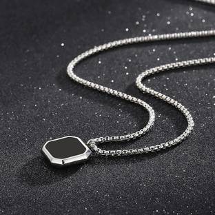 स्माइकर फैशन Stainless Steel Men’s Octagonal Pendant Necklace with Black Inlay Chain सिल्वर प्लेटेड स्टेनलेस स्टील चेन