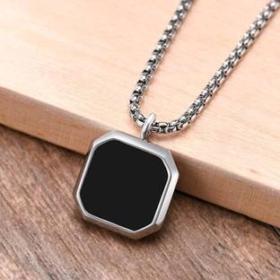 EIT Collection Black Cubic Silver Bar Pendant Necklace For Mens and Grils Silver Plated Stainless Steel Chain